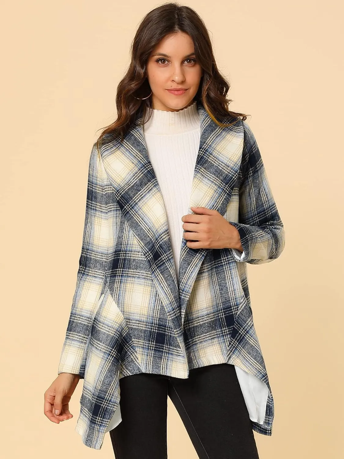 Allegra K Women's Turn Down Collar Asymmetric Hem Thin Plaids Wrap Coat