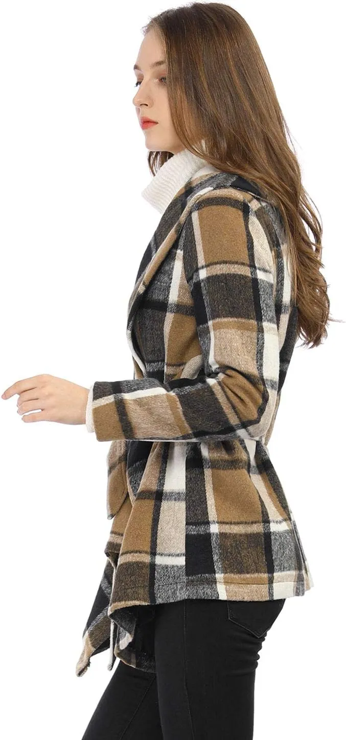 Allegra K Women's Turn Down Collar Asymmetric Hem Thin Plaids Wrap Coat