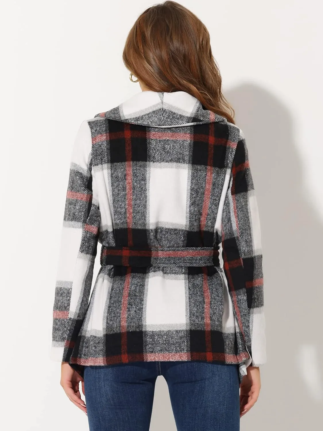 Allegra K Women's Turn Down Collar Asymmetric Hem Thin Plaids Wrap Coat