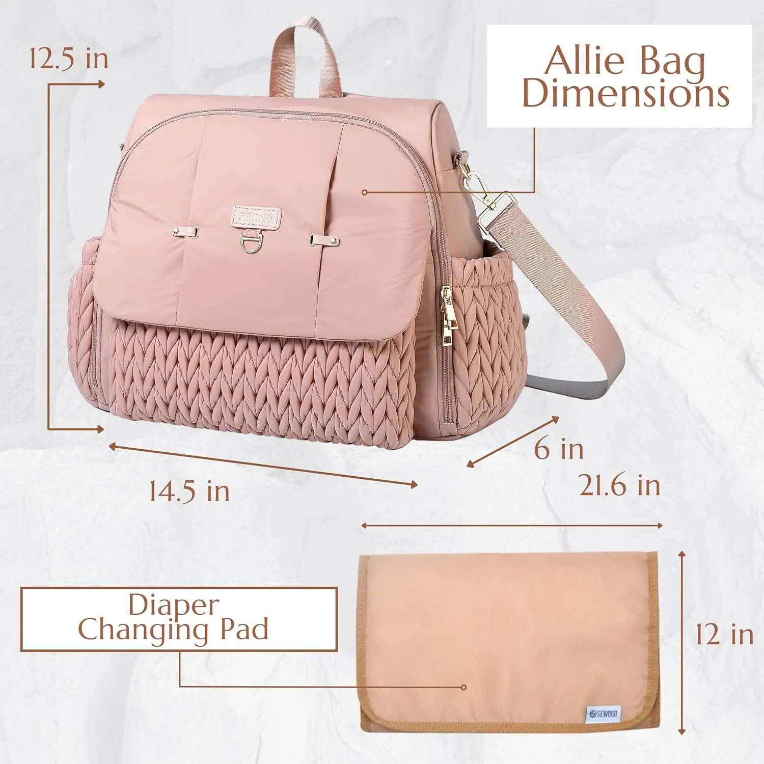 Allie Backpack Stylish Diaper Bag,Travel Baby Bag with Insulated Pockets,Changing Pad, Stroller Clips, Shoulder Strap(Dusty Rose)