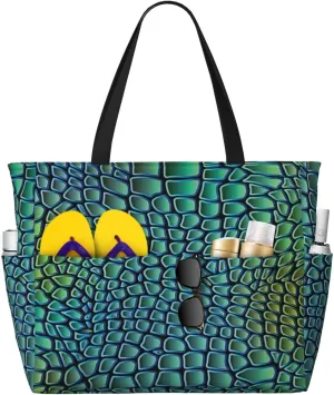 Alligator Skin Print Beach Bag For Women,Travel Tote Bag With Zipper And Pockets,Summer Large Beach Tote Pool Bag