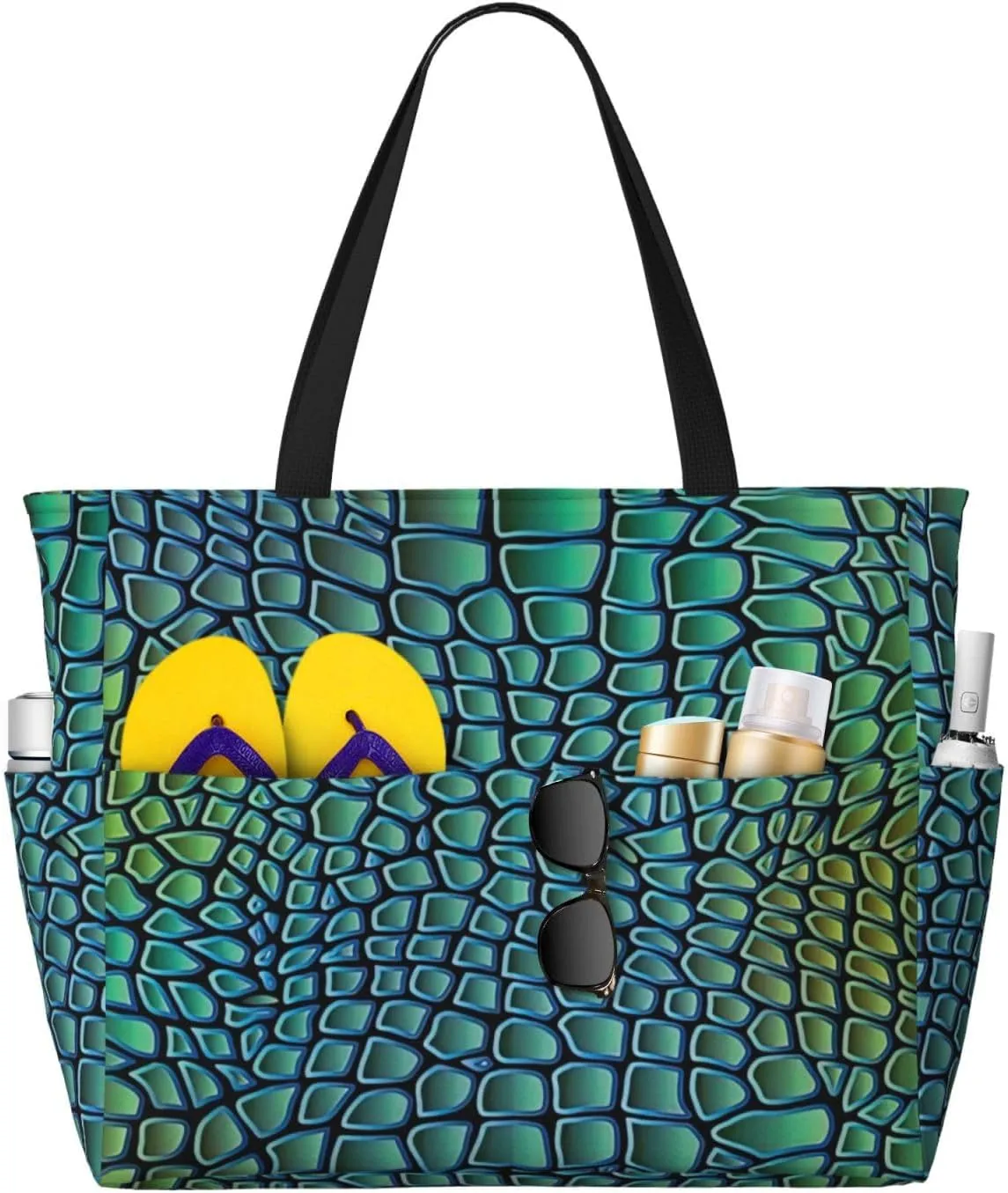 Alligator Skin Print Beach Bag For Women,Travel Tote Bag With Zipper And Pockets,Summer Large Beach Tote Pool Bag