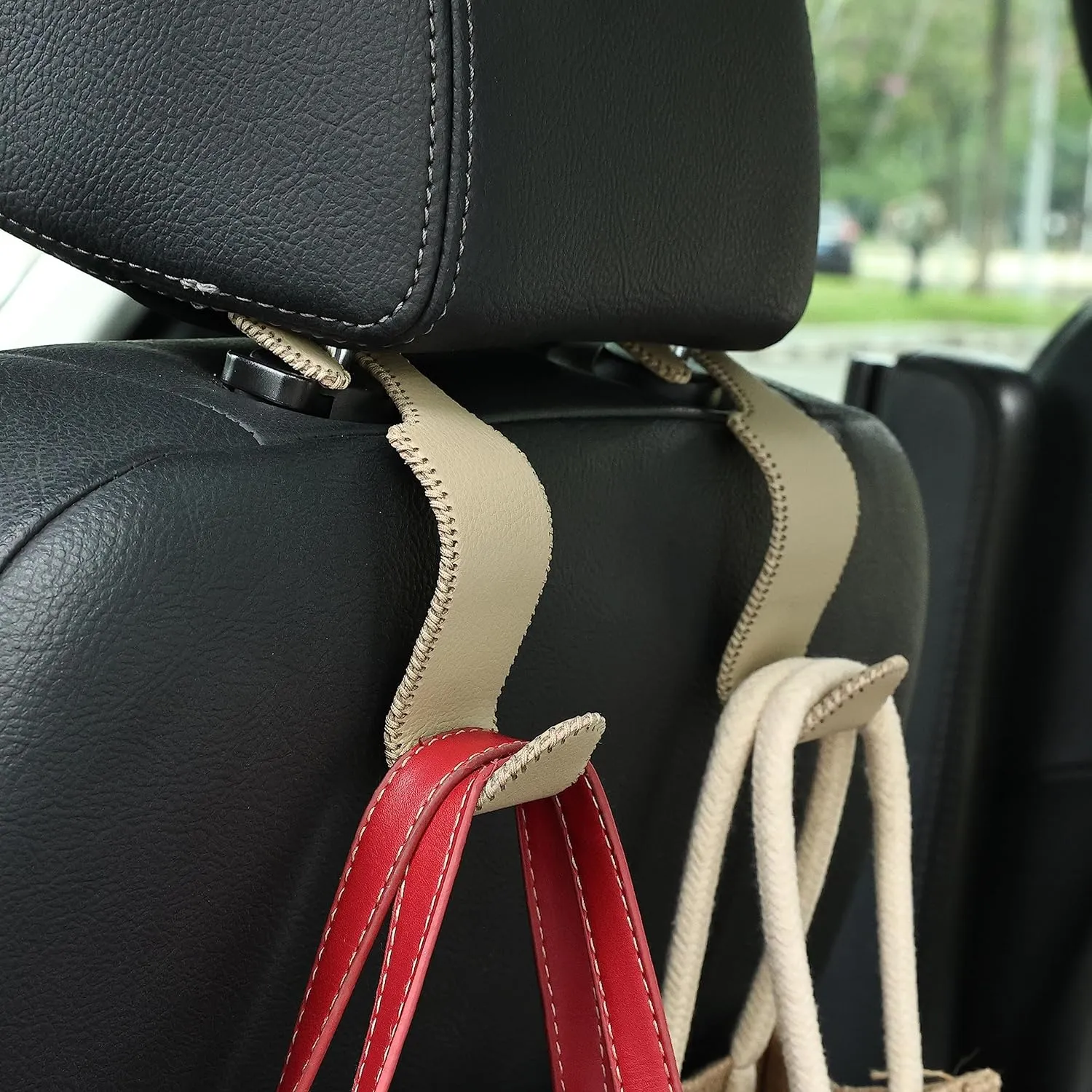 Amooca Car Seat Headrest Hook Universal Vehicle Storage Hanger Leather with Metal Car Seat Back Organizer for Handbag Purse Coat Beige 4 Pack