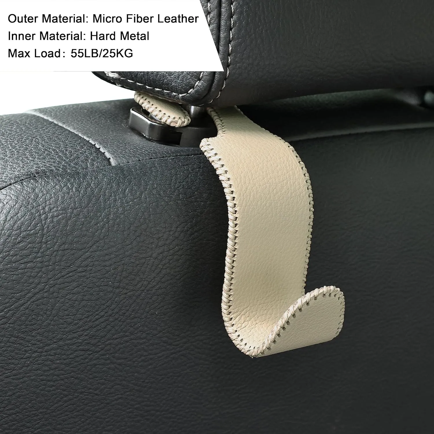 Amooca Car Seat Headrest Hook Universal Vehicle Storage Hanger Leather with Metal Car Seat Back Organizer for Handbag Purse Coat Beige 4 Pack