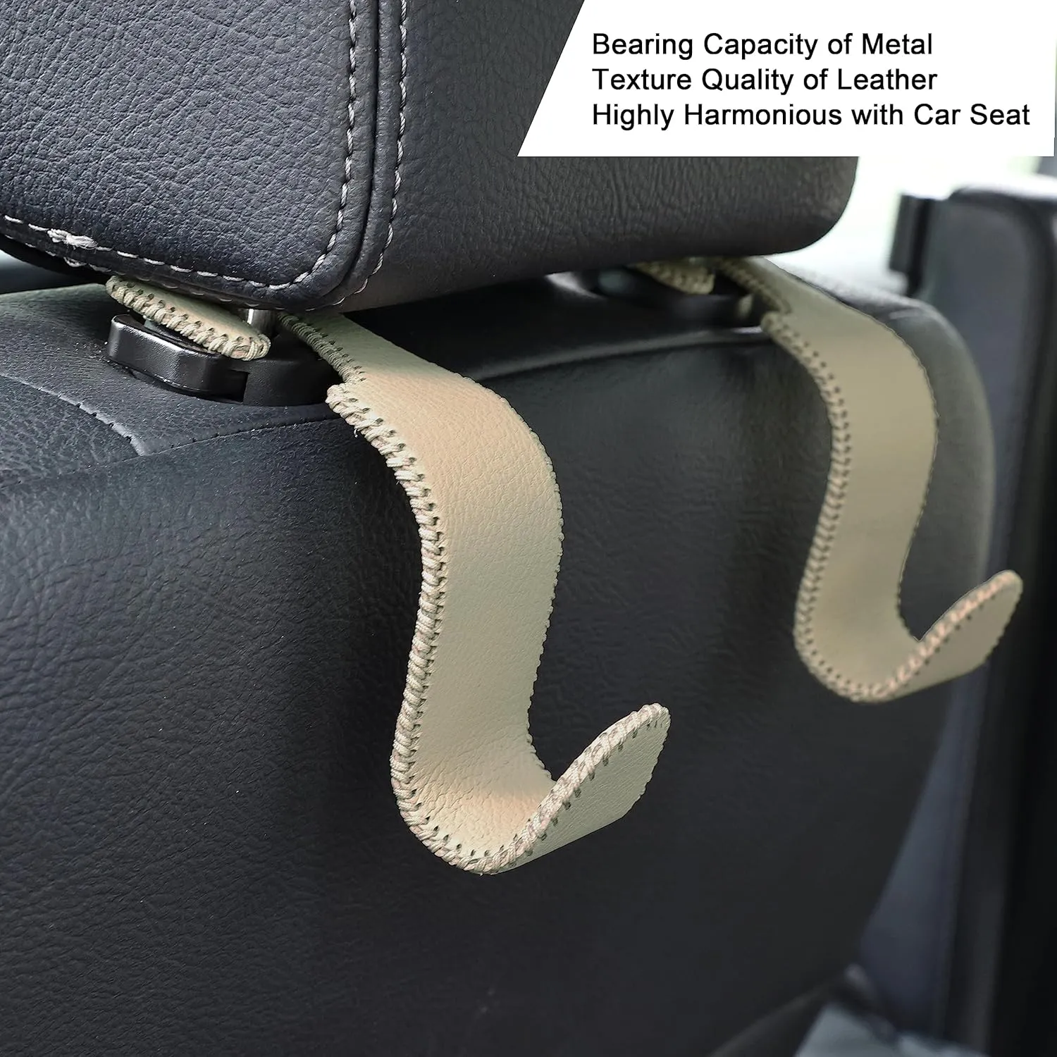 Amooca Car Seat Headrest Hook Universal Vehicle Storage Hanger Leather with Metal Car Seat Back Organizer for Handbag Purse Coat Beige 4 Pack