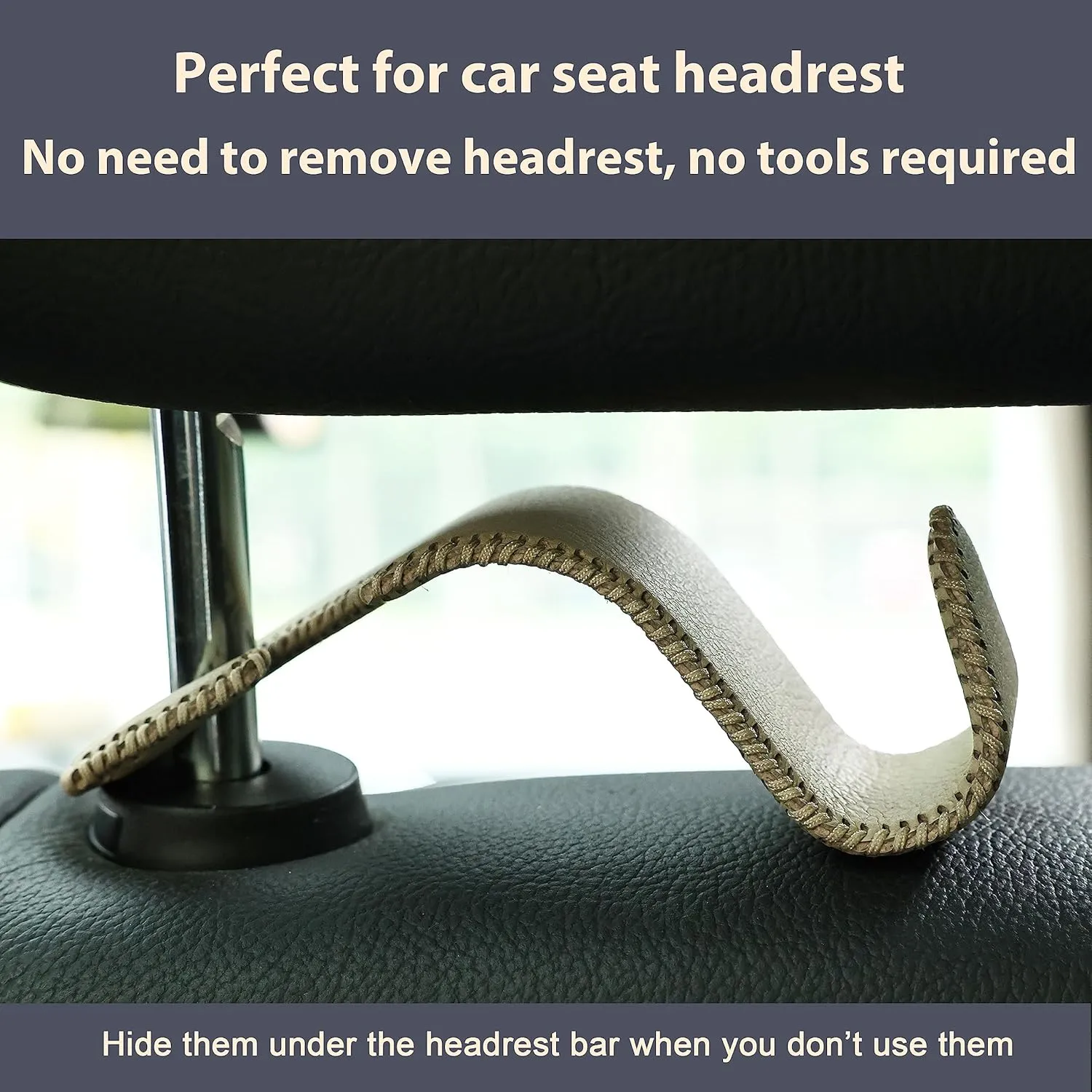 Amooca Car Seat Headrest Hook Universal Vehicle Storage Hanger Leather with Metal Car Seat Back Organizer for Handbag Purse Coat Beige 4 Pack