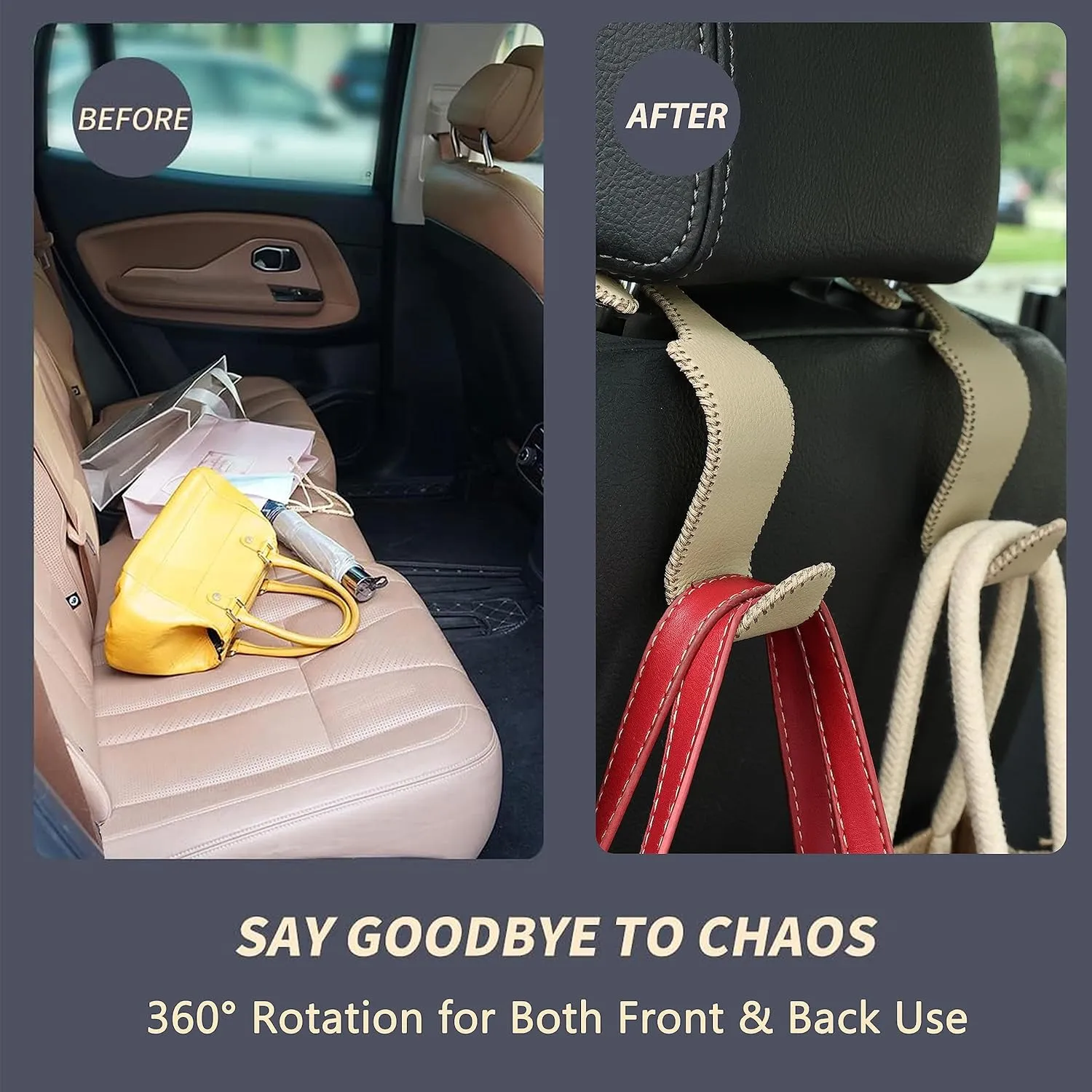 Amooca Car Seat Headrest Hook Universal Vehicle Storage Hanger Leather with Metal Car Seat Back Organizer for Handbag Purse Coat Beige 4 Pack