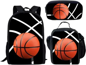 AmzPrint Elementary School Boys Girls Kids 3pcs Basketball Backpacking Set 17 Inch Students Backpack Lunch Box Pencil Bag Set