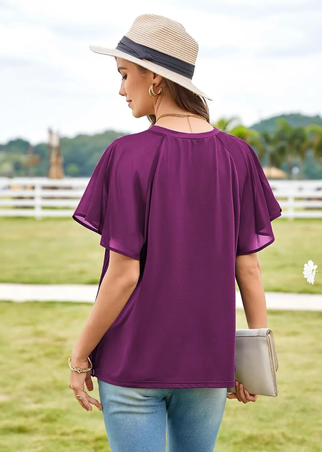 Angashion Womens Pleated Tops - Double Layers Mesh Blouses Short Sleeve Crewneck Tunics Tops