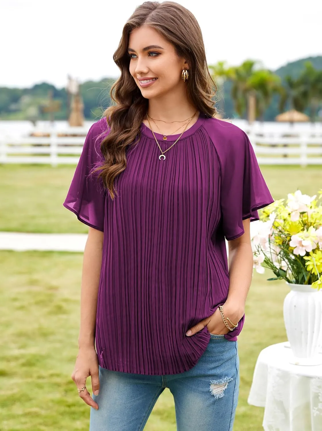 Angashion Womens Pleated Tops - Double Layers Mesh Blouses Short Sleeve Crewneck Tunics Tops