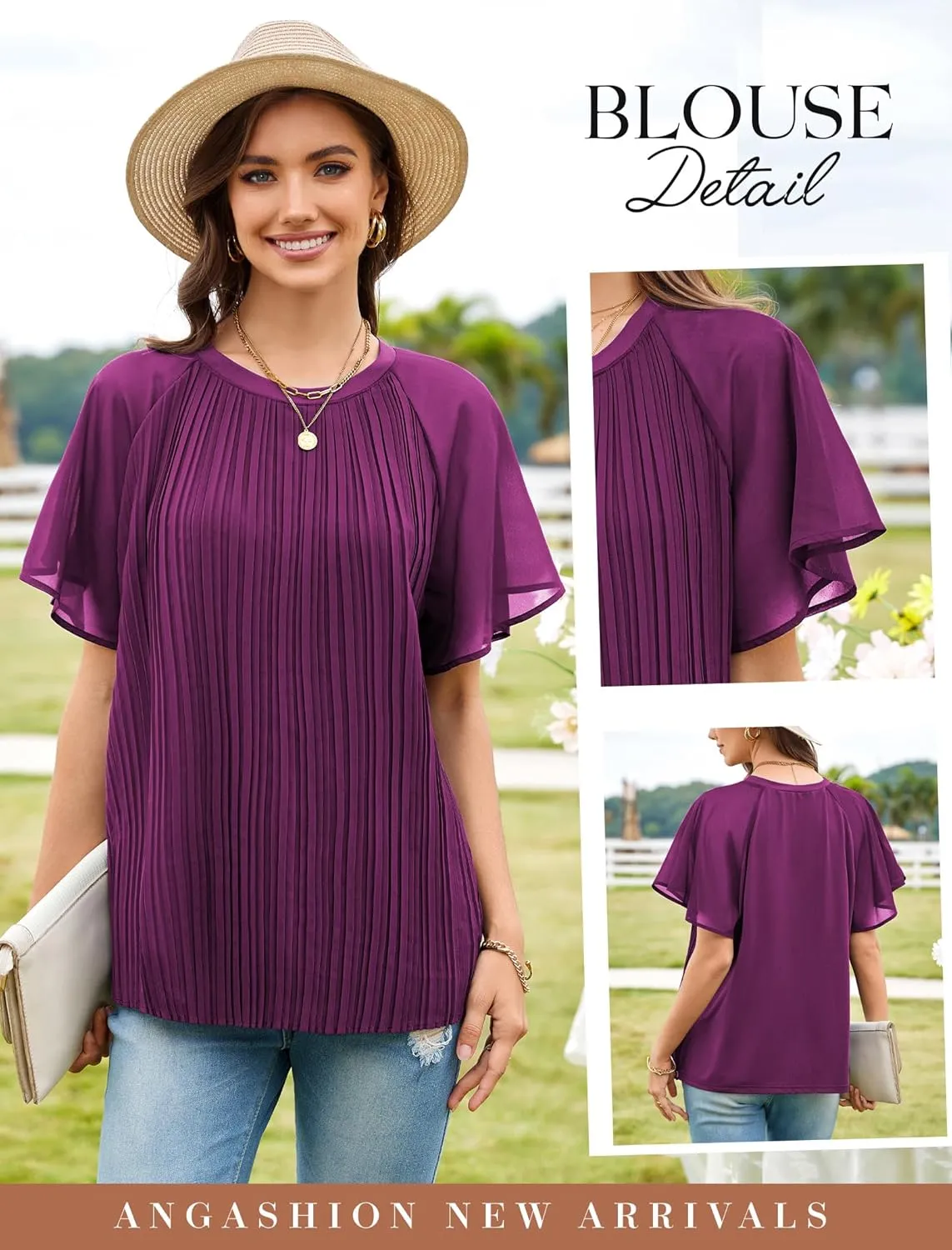 Angashion Womens Pleated Tops - Double Layers Mesh Blouses Short Sleeve Crewneck Tunics Tops