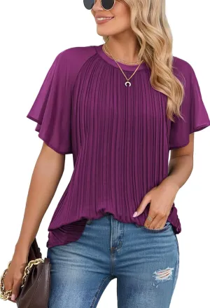 Angashion Womens Pleated Tops - Double Layers Mesh Blouses Short Sleeve Crewneck Tunics Tops