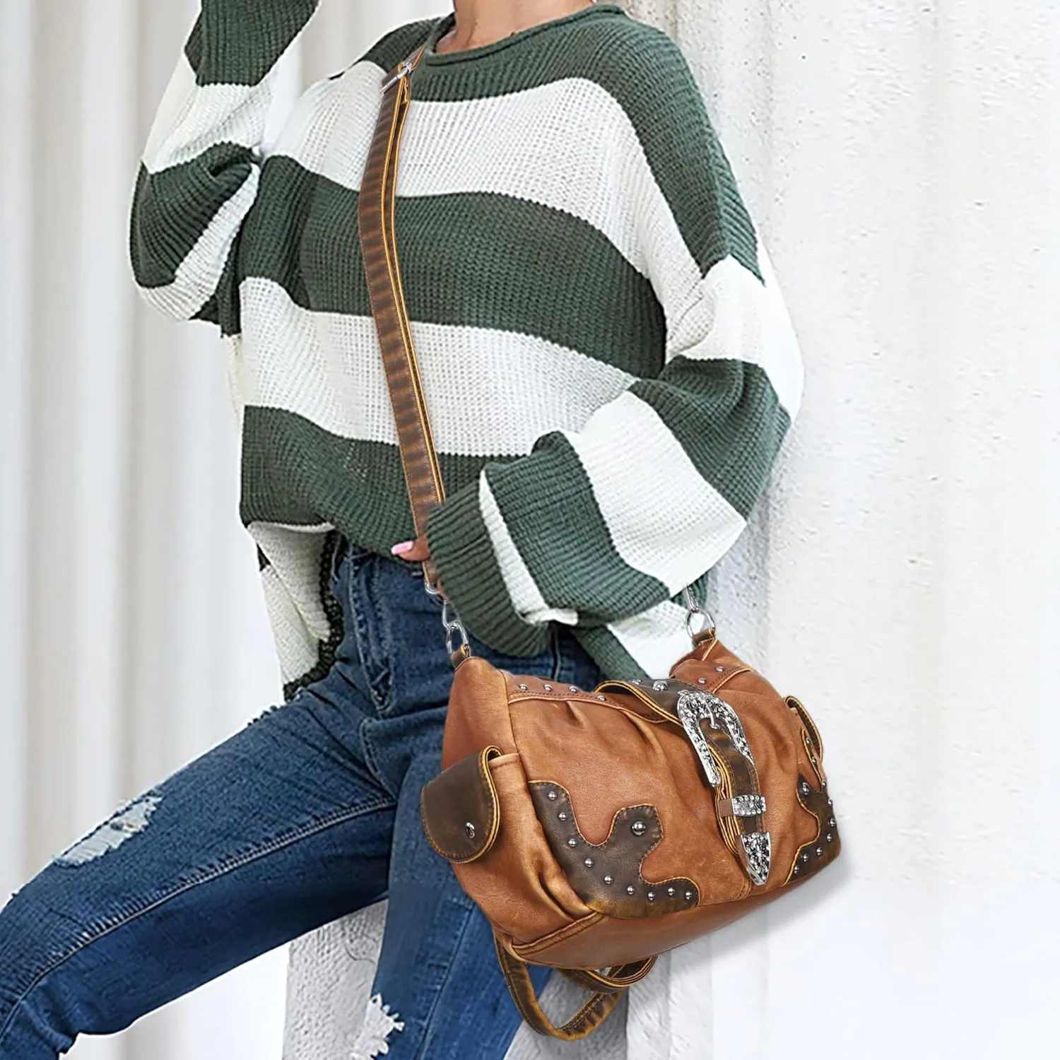 Angel Kiss Hobo Bags for Women Vegan Leather Purses and Handbags Ladies Chic Shoulder Bags Crossbody Purses with Metal Studs