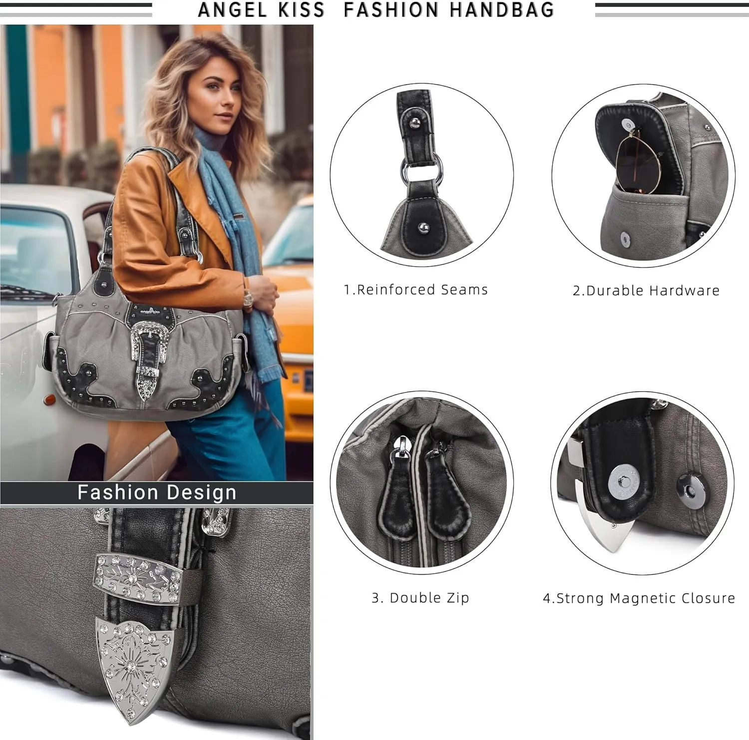 Angel Kiss Hobo Bags for Women Vegan Leather Purses and Handbags Ladies Chic Shoulder Bags Crossbody Purses with Metal Studs