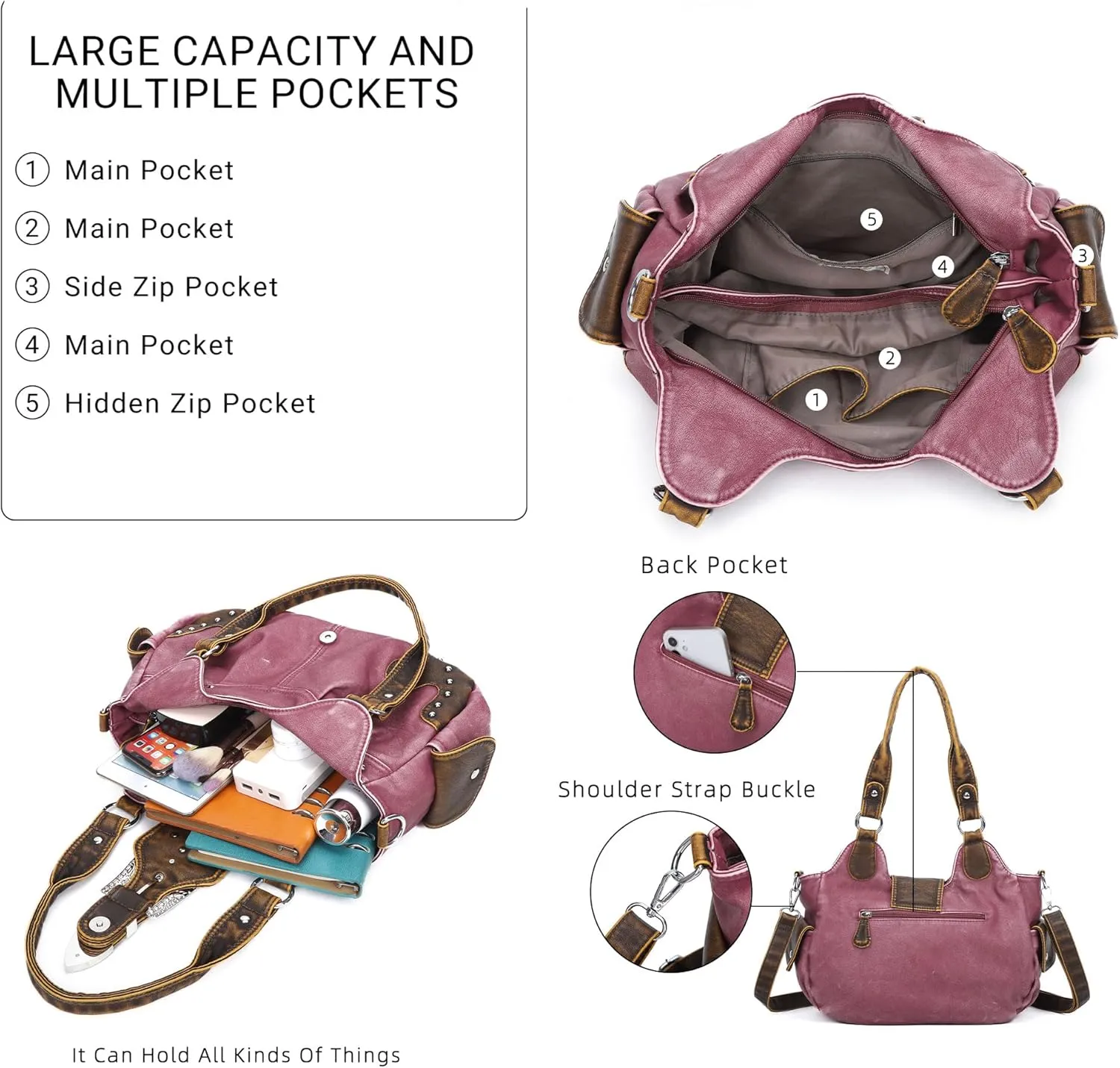 Angel Kiss Hobo Bags for Women Vegan Leather Purses and Handbags Ladies Chic Shoulder Bags Crossbody Purses with Metal Studs