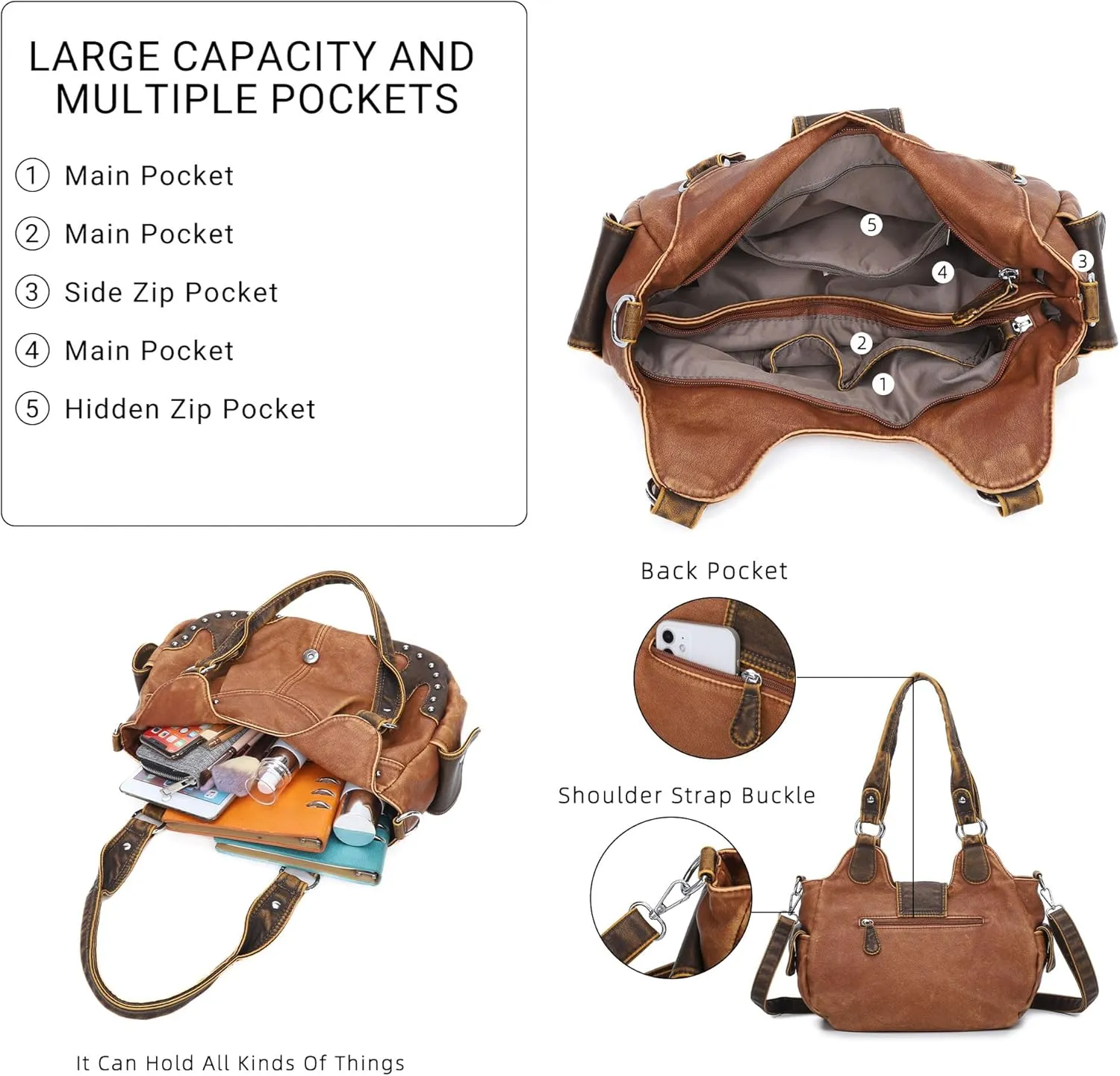 Angel Kiss Hobo Bags for Women Vegan Leather Purses and Handbags Ladies Chic Shoulder Bags Crossbody Purses with Metal Studs
