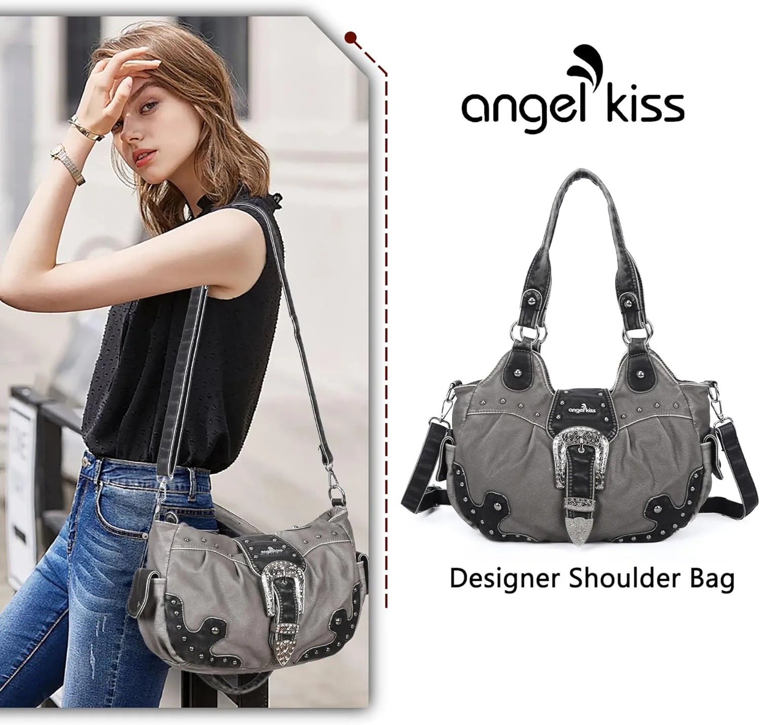 Angel Kiss Hobo Bags for Women Vegan Leather Purses and Handbags Ladies Chic Shoulder Bags Crossbody Purses with Metal Studs