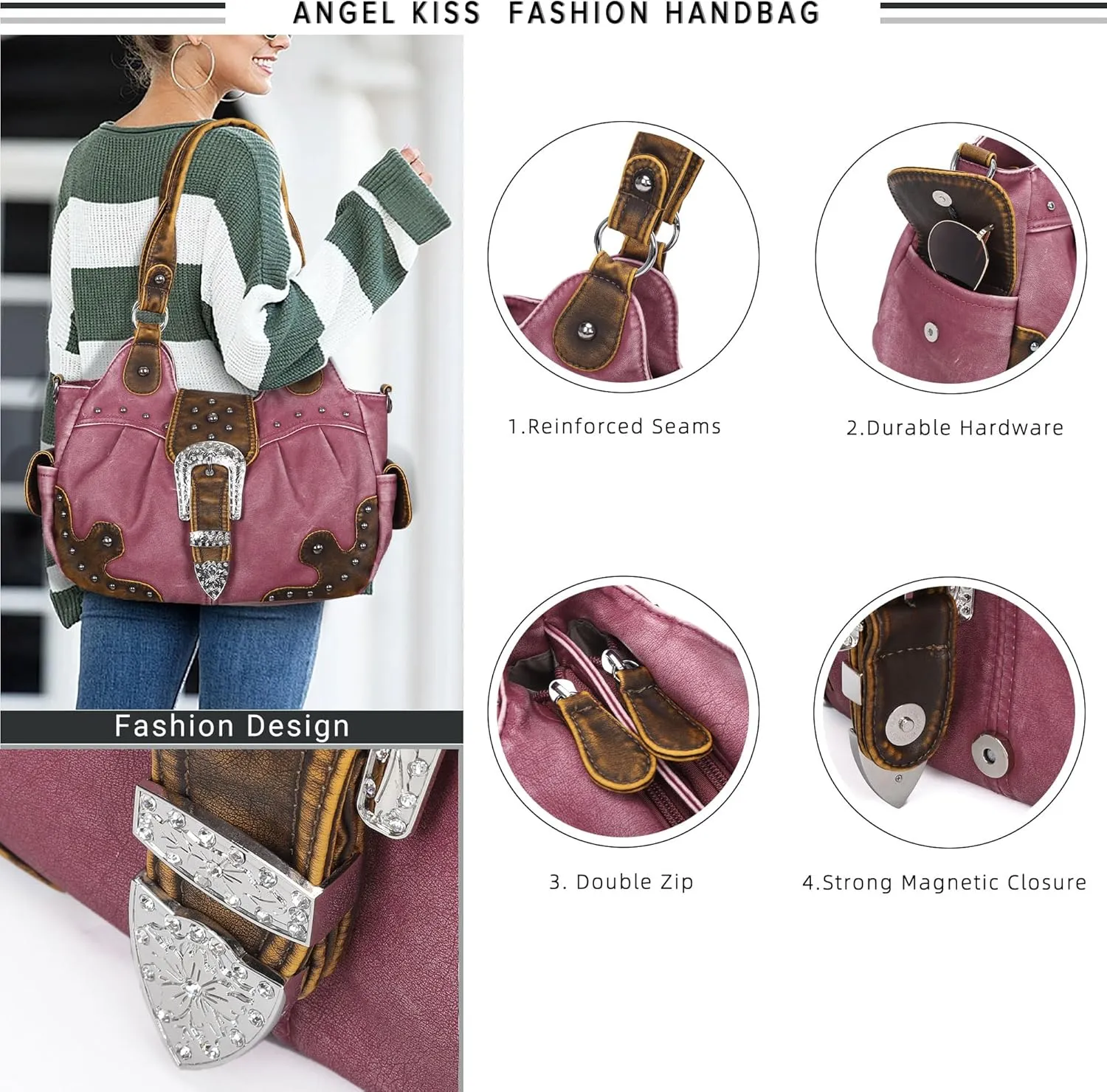 Angel Kiss Hobo Bags for Women Vegan Leather Purses and Handbags Ladies Chic Shoulder Bags Crossbody Purses with Metal Studs
