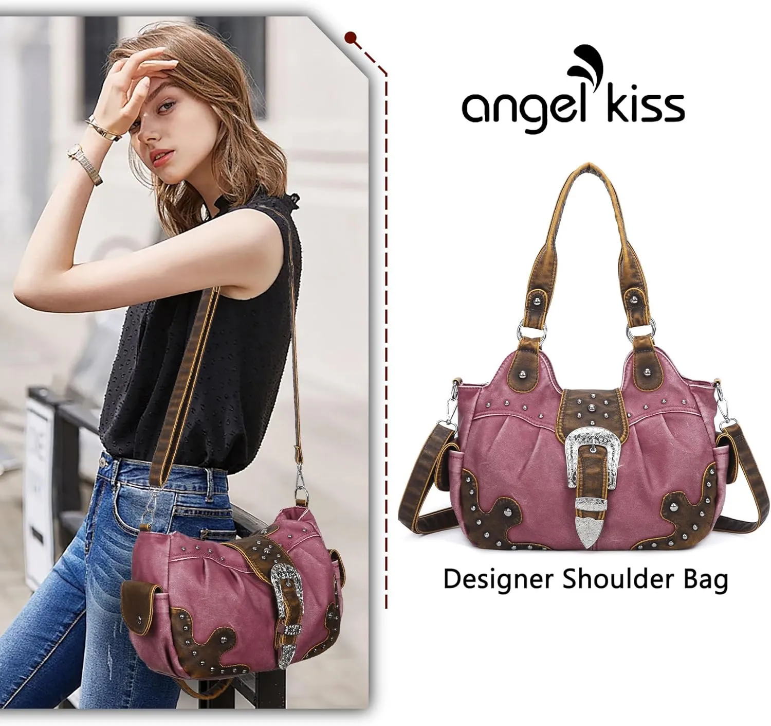 Angel Kiss Hobo Bags for Women Vegan Leather Purses and Handbags Ladies Chic Shoulder Bags Crossbody Purses with Metal Studs