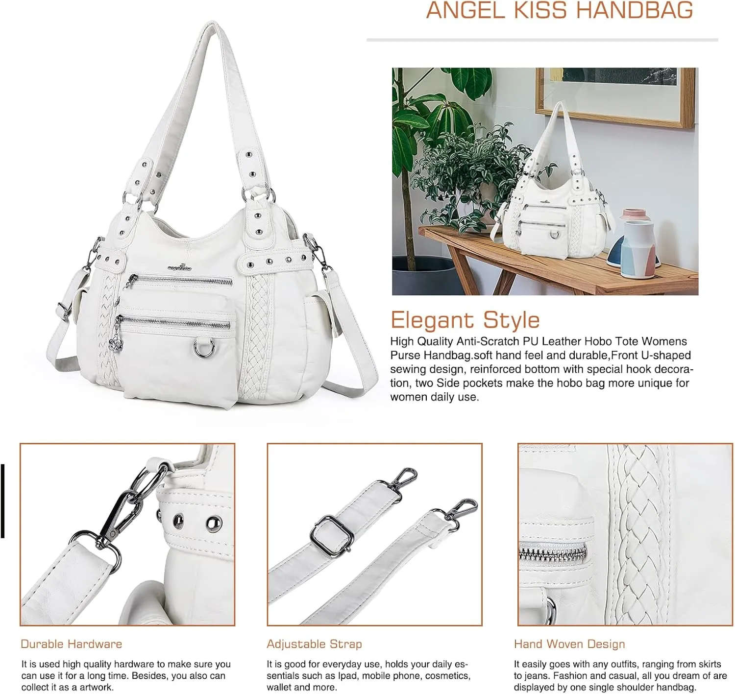 Angel Kiss Hobo Handbags for Women Soft PU Leather Shoulder Handbags Ladies Purses