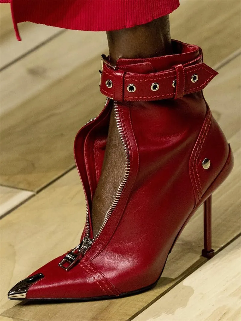 Ankle Boots for Women Block Belt Buckle Front Zipper Elegant Pointed Toe High Stilettos Heels Shorts Leather Booties