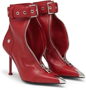 Ankle Boots for Women Block Belt Buckle Front Zipper Elegant Pointed Toe High Stilettos Heels Shorts Leather Booties