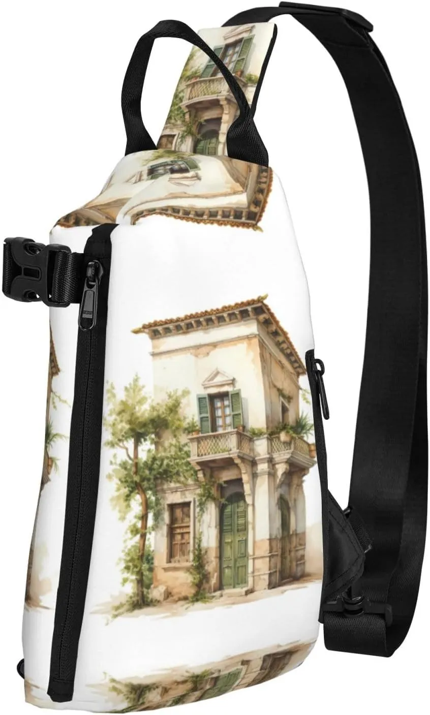 Antique Building With Roman Olive Branch And Greek Print Crossbody Backpack - Versatile Sling Bag Casual Daypack For Travel,Hiking,Gym