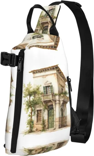Antique Building With Roman Olive Branch And Greek Print Crossbody Backpack - Versatile Sling Bag Casual Daypack For Travel,Hiking,Gym