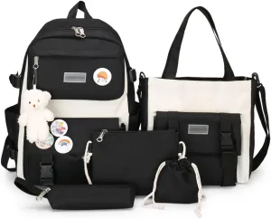 AONUOWE 5pcs Aesthetic Backpack Set for School Teens Girls Daypack Cute Trendy Large Capacity Preppy Shoulder Bag (Black)
