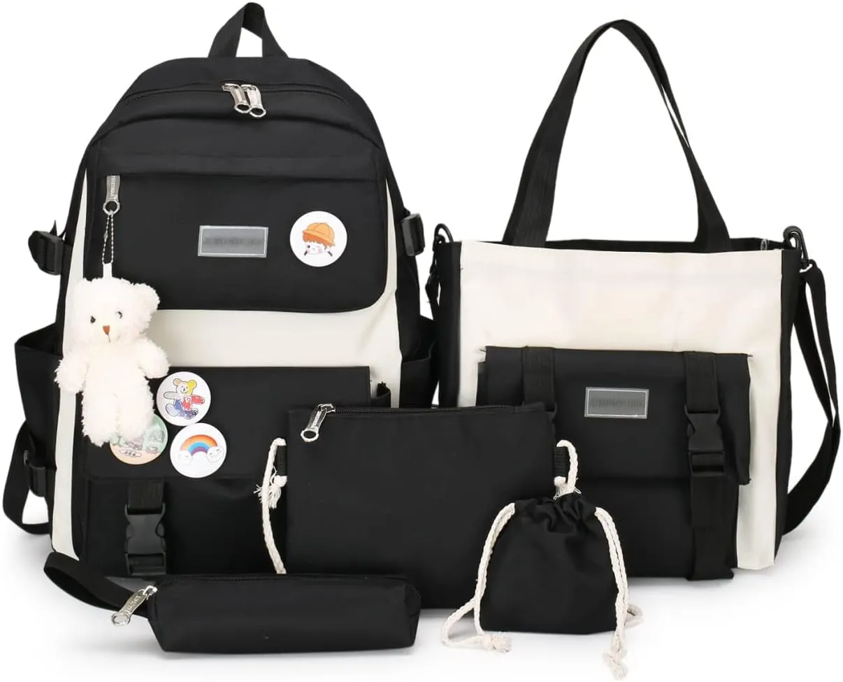 AONUOWE 5pcs Aesthetic Backpack Set for School Teens Girls Daypack Cute Trendy Large Capacity Preppy Shoulder Bag (Black)