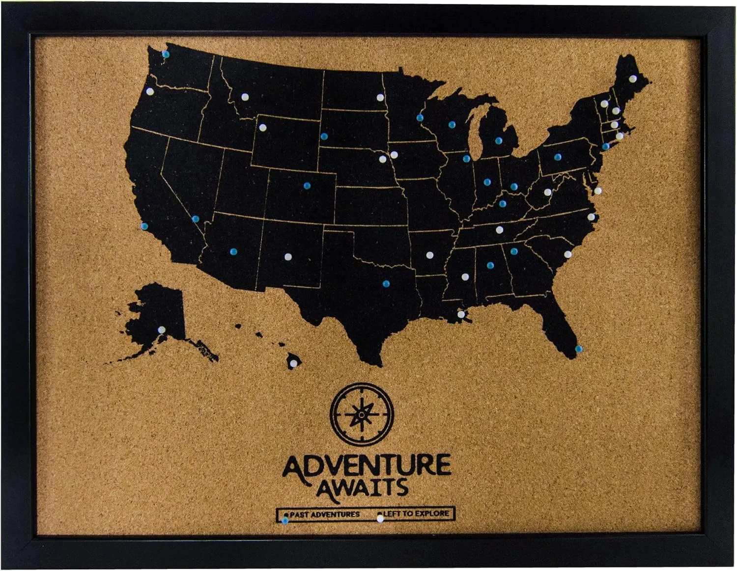 Art of Wanderlust Pushpin Bulletin Cork Board USA Wall Map and Pins | US Travel Tracker Map for Past and Future Bucket List Destinations | United States | 17 x 13 Inches | Black Frame