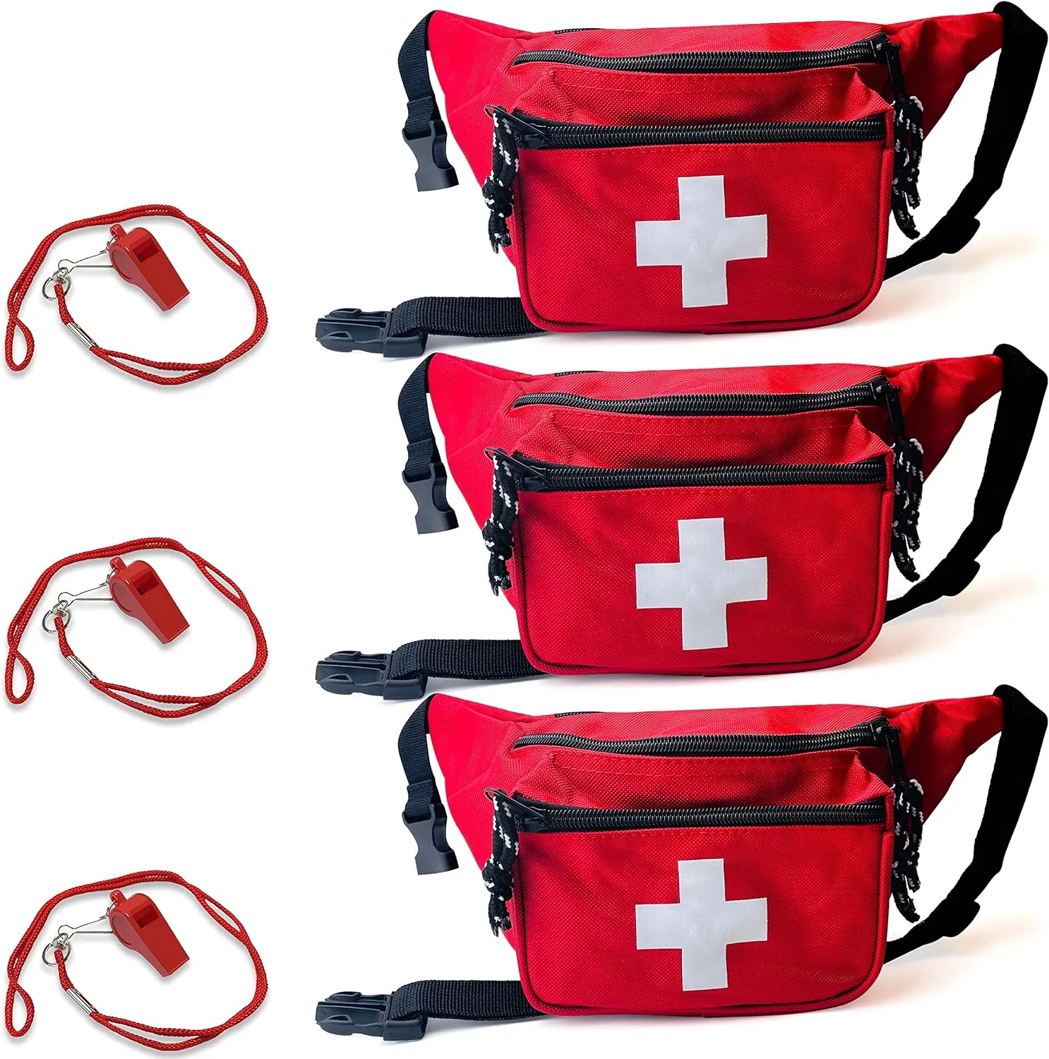 ASA TECHMED 3 Pack Lifeguard Fanny Pack With Whistle Lanyard - Baywatch Style First Aid Hip Pack w/Adjustable Strap, Cross Logo   Zipper Pouch, Emergency Equipment Set