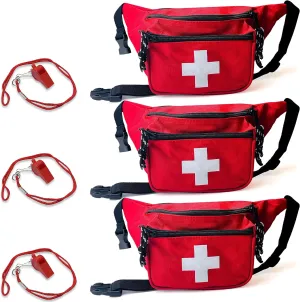 ASA TECHMED 3 Pack Lifeguard Fanny Pack With Whistle Lanyard - Baywatch Style First Aid Hip Pack w/Adjustable Strap, Cross Logo   Zipper Pouch, Emergency Equipment Set