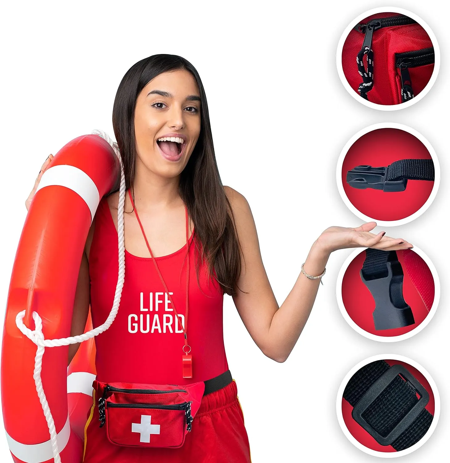 ASA TECHMED 3 Pack Lifeguard Fanny Pack With Whistle Lanyard - Baywatch Style First Aid Hip Pack w/Adjustable Strap, Cross Logo   Zipper Pouch, Emergency Equipment Set