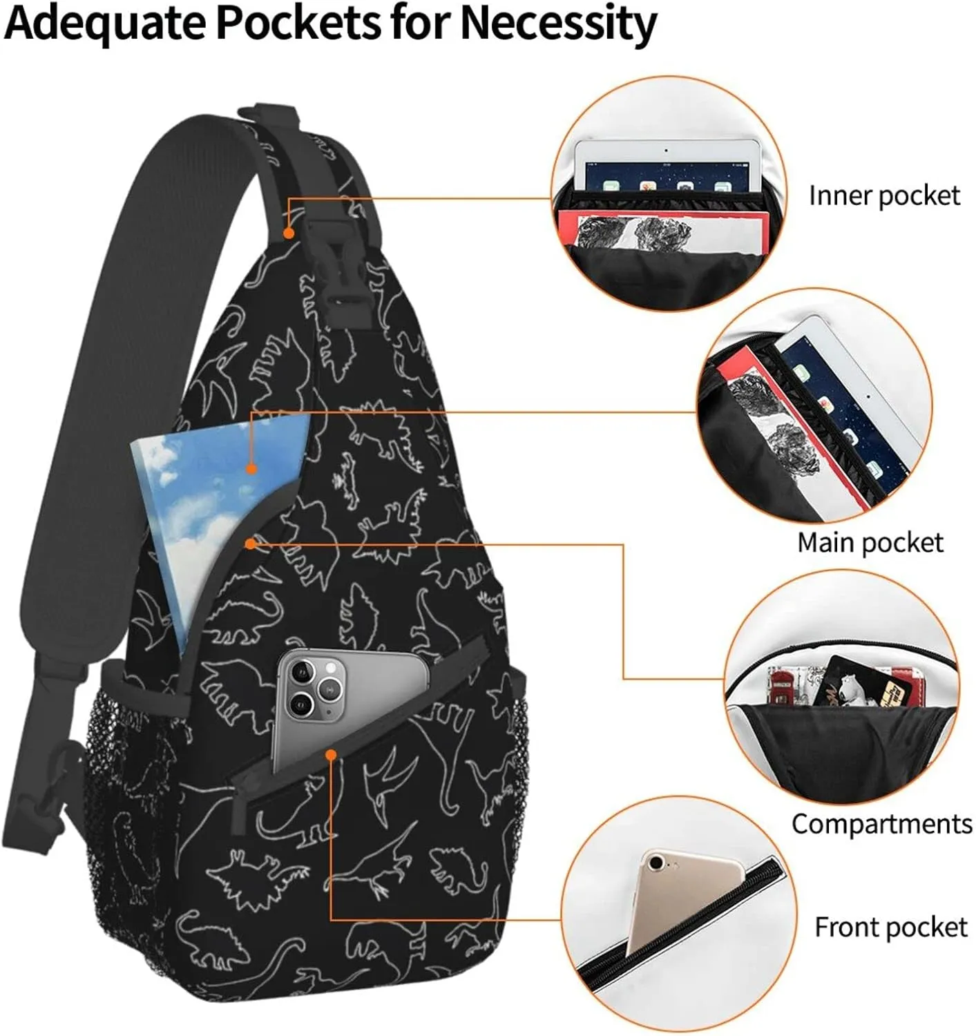 ASYG Cute Funny Dinosaur Sling Bag Crossbody Backpack for Women Men Travel Hiking Daypack Dino Crossbody Shoulder Bag
