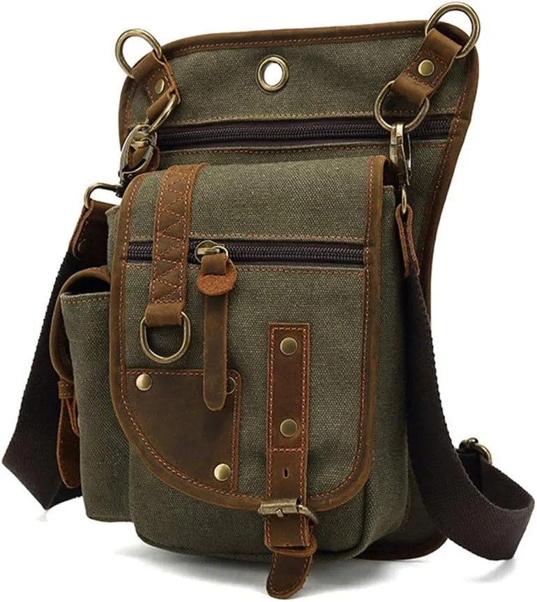 AUGU Canvas Drop Leg Bag Tactical Thigh Outdoor Waist Pack for Men Women Military Cycling Multi-Pocket Waist Fanny Pouch Daypack, Army Green, Medium