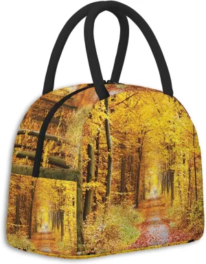 Autumn Lunch Bag Box Tote Organizer Lunch Container,Seasonal Leaves in Autumn Colors Countryside,Insulated Zipper Cooler Handbag For Women Men Home Office Outdoor Use,Yellow Brown