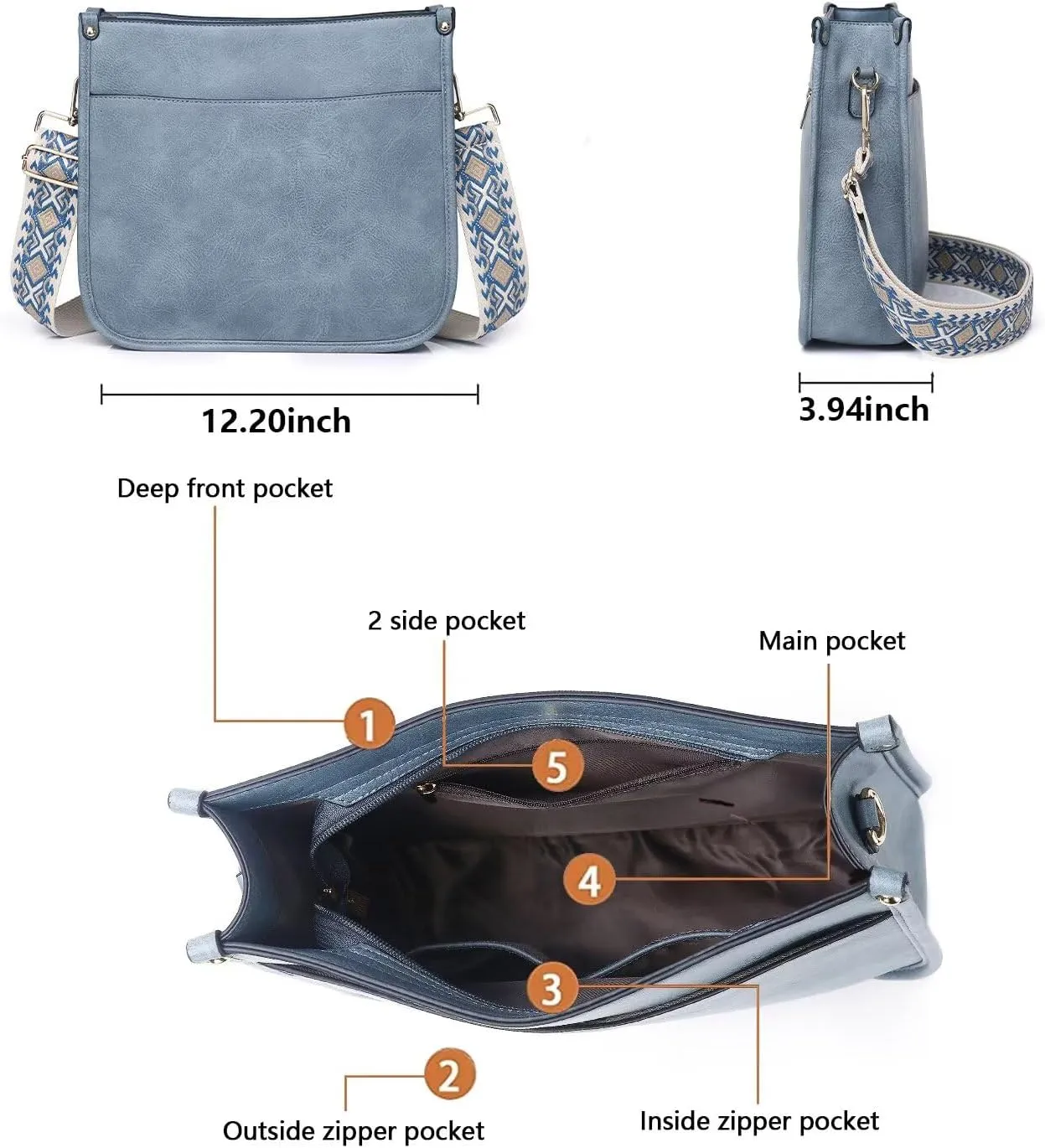 AUYOCO Vegan Leather Crossbody Bags for Women, Crossbody Purse with Guitar Strap Zipped Pockets Handbag Shoulder Bag