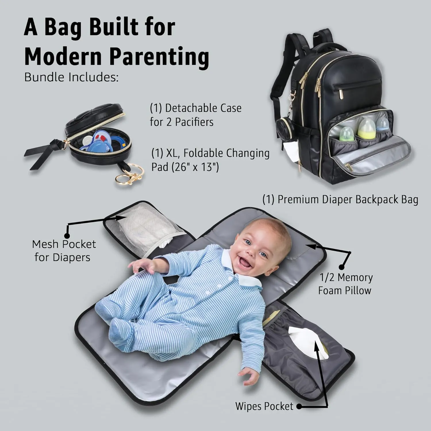 Award-Winning 3 in 1 Faux Leather Diaper Bag Backpack – Luxury PU Leather Diaper Bag Design with 21 Pockets, USB Port, Changing Pad, Pacifier Case, Stroller Straps, Waterproof, Stylish, Unisex 31L