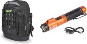 AWP Extreme Tool Backpack, Heavy-Duty Tool Bag with Padded Shoulder, Back, and Waist Straps & Klein Tools 56040 LED Rechargeable Flashlight, 350 Lumens, Twist Focus, Laser Pointer, Hands-Free