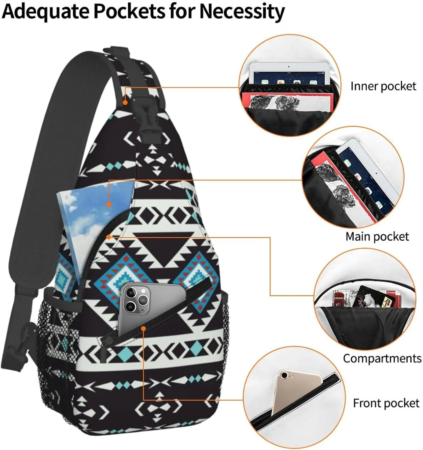 Aztec Geometric Pattern Sling Bag Southwest Native American Ethnic Tribal Striped Crossbody Backpack Navajo Print Chest Shoulder Bag Casual Gym Sports Travel Hiking Daypack for Women Men