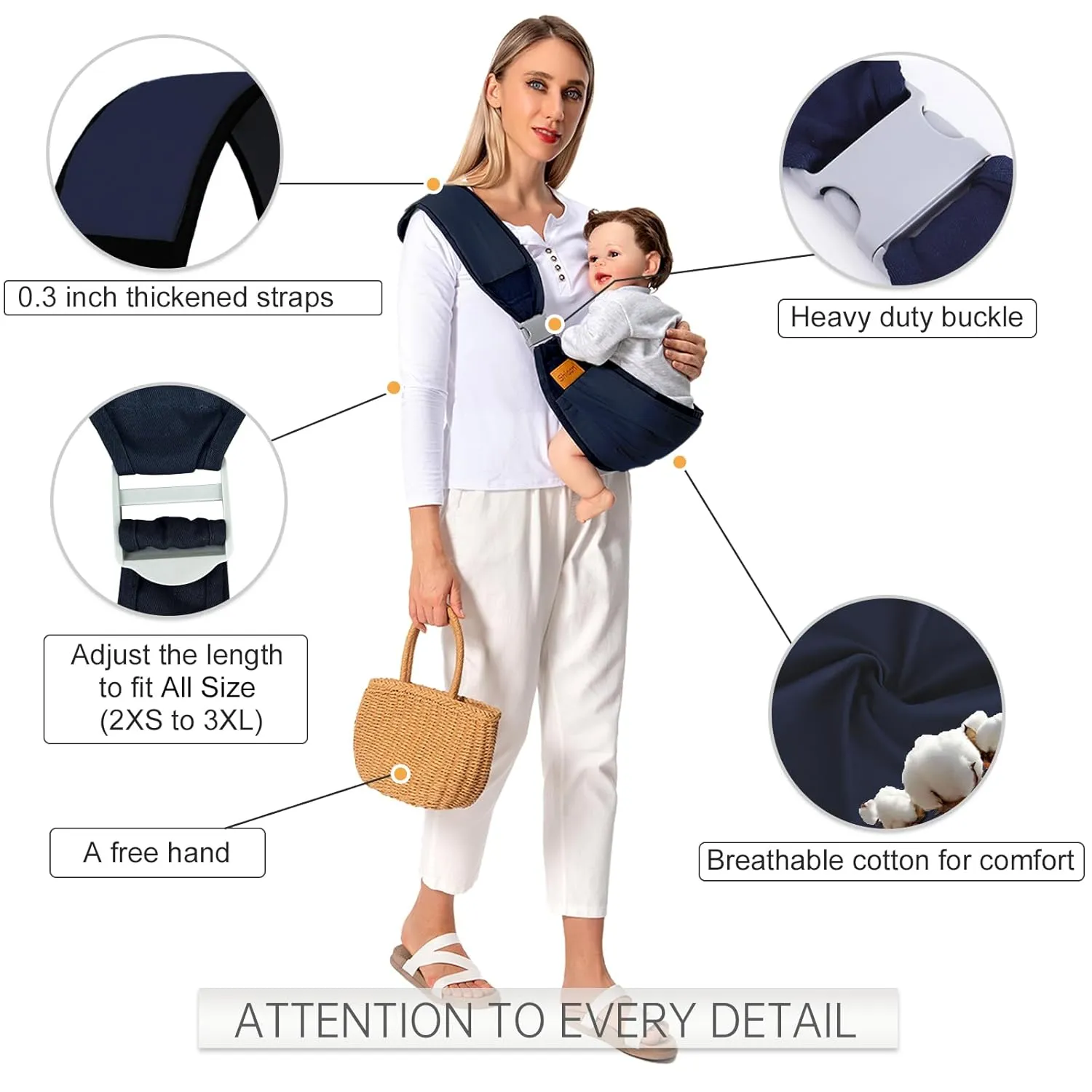 Baby Sling Carrier, Baby Carrier Newborn to Toddler(7-45lbs), Toddler Carrier with Safety Buckle, One Shoulder Adjustable Shoulder Strap, One Size Fits All, Blue