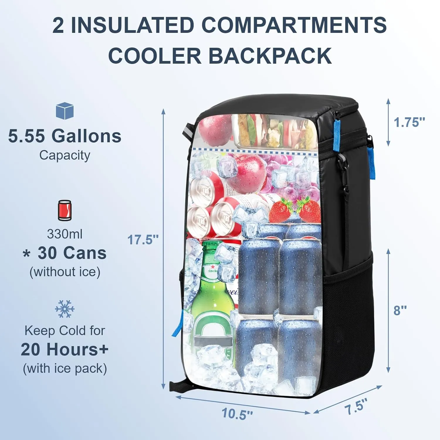 Backpack Cooler Insulated Leak Proof 30/45 Cans, 2 Insulated Compartments Thermal Bag, Portable Lightweight Beach Travel Camping Lunch Backpack for Men and Women