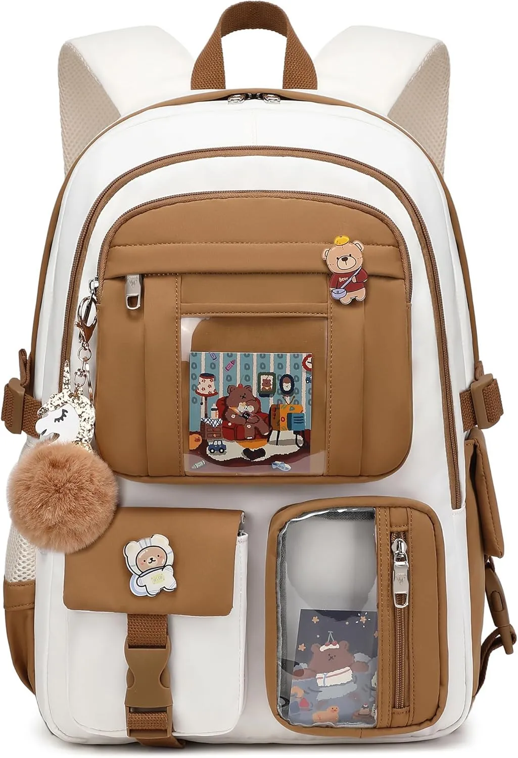 Backpack for Girls with Accessories Laptop Bookbags 16 Inch Kawaii Kids Elementary Middle High School Bag College Travel Daypack Gifts for Teens Women Students (Beige Khaki)