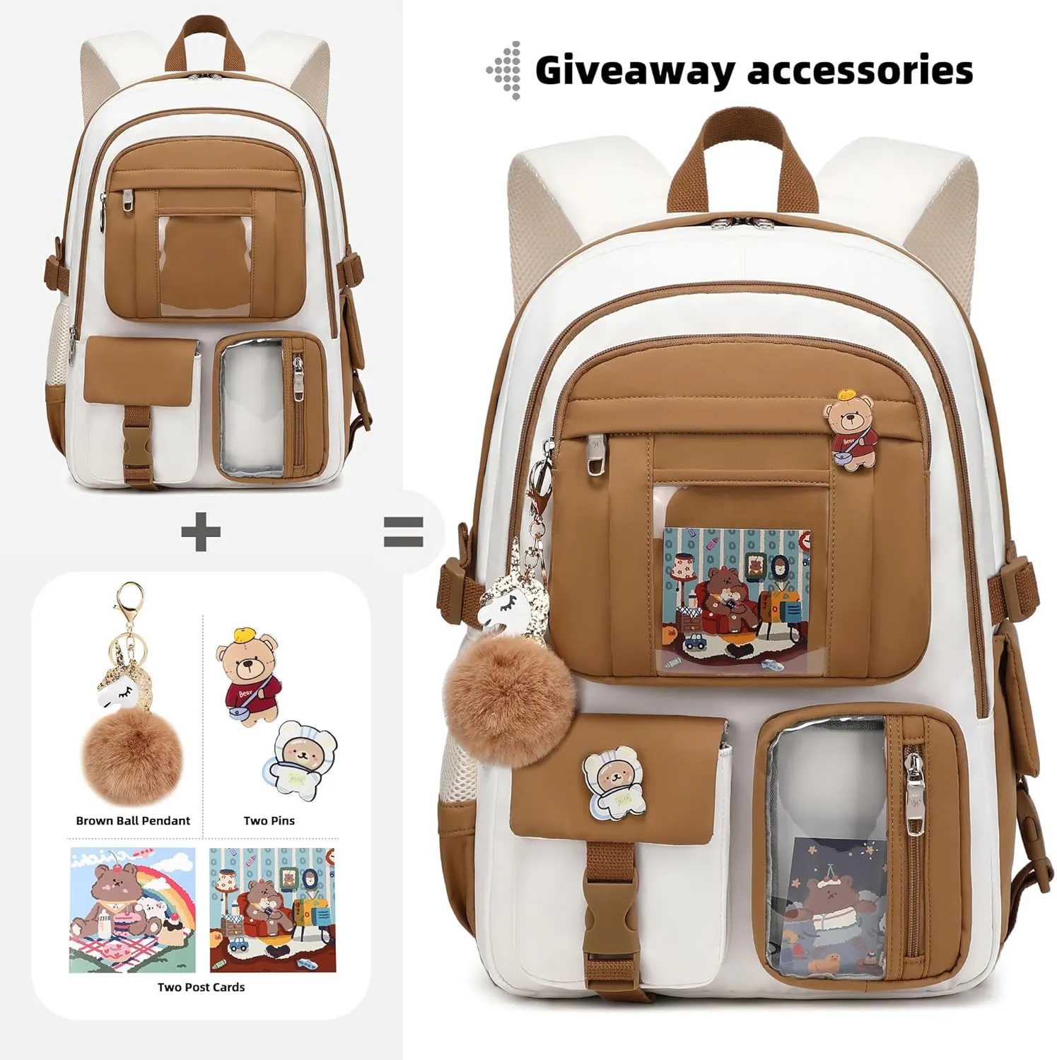Backpack for Girls with Accessories Laptop Bookbags 16 Inch Kawaii Kids Elementary Middle High School Bag College Travel Daypack Gifts for Teens Women Students (Beige Khaki)