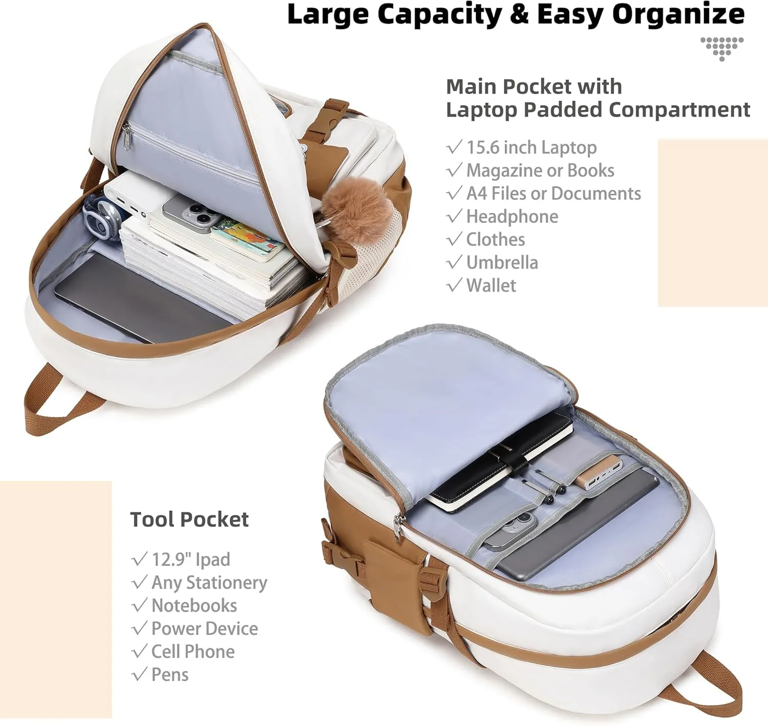 Backpack for Girls with Accessories Laptop Bookbags 16 Inch Kawaii Kids Elementary Middle High School Bag College Travel Daypack Gifts for Teens Women Students (Beige Khaki)