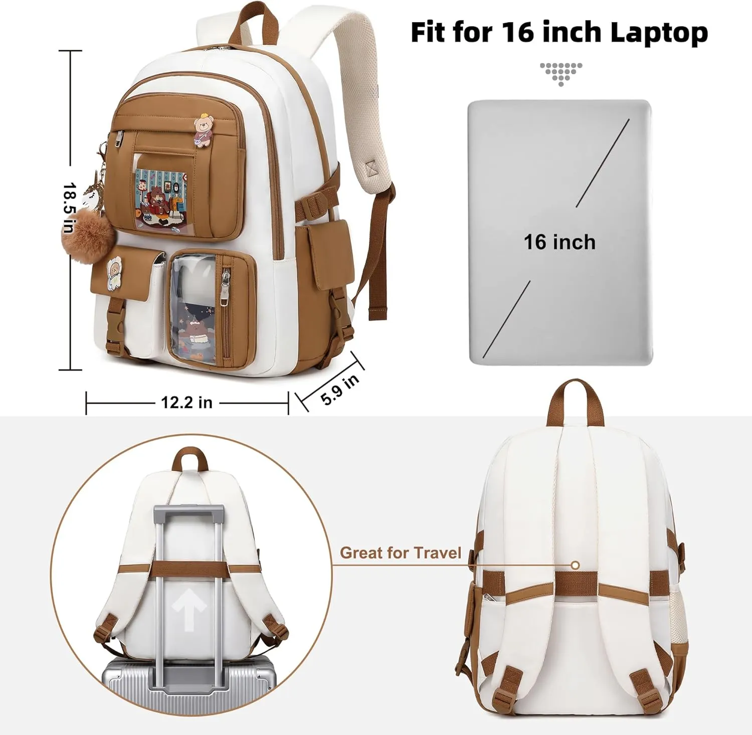 Backpack for Girls with Accessories Laptop Bookbags 16 Inch Kawaii Kids Elementary Middle High School Bag College Travel Daypack Gifts for Teens Women Students (Beige Khaki)