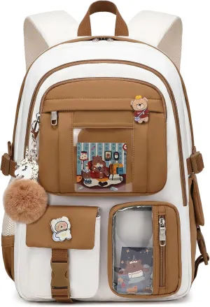 Backpack for Girls with Accessories Laptop Bookbags 16 Inch Kawaii Kids Elementary Middle High School Bag College Travel Daypack Gifts for Teens Women Students (Beige Khaki)
