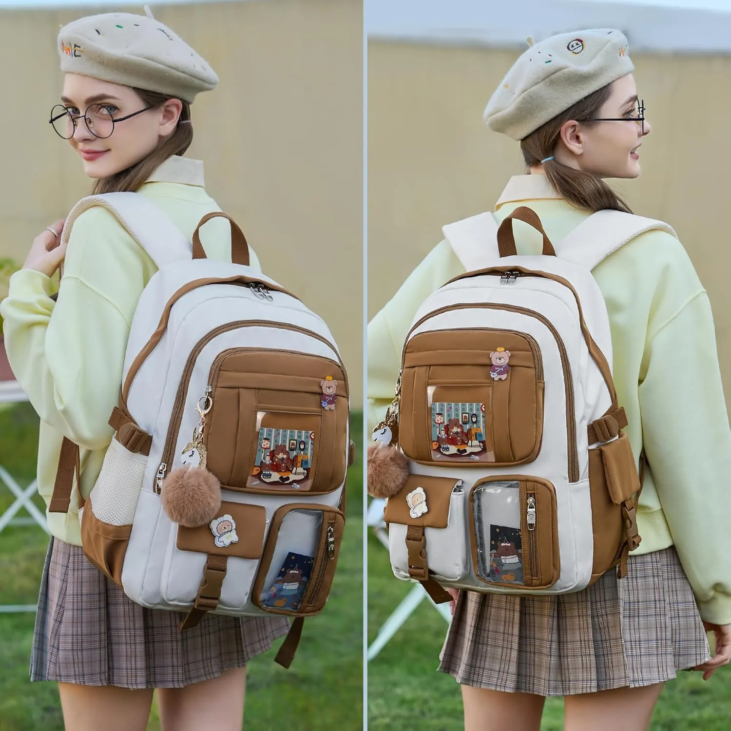 Backpack for Girls with Accessories Laptop Bookbags 16 Inch Kawaii Kids Elementary Middle High School Bag College Travel Daypack Gifts for Teens Women Students (Beige Khaki)