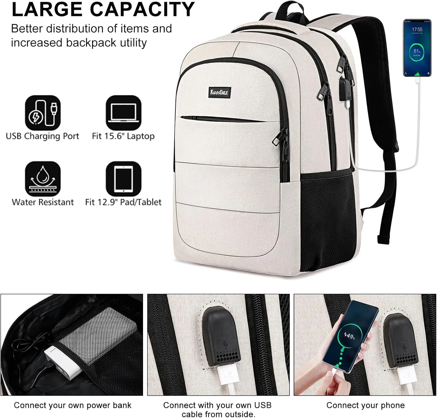 Backpack for Men Women, School Backpack for Boys Girls, 15.6 Inch Laptop Backpack with USB Charging Port, Large High School Bookbags for Teens, Beige